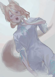 Rule 34 | 1girl, animal ears, blonde hair, blue bow, bow, breasts, brown eyes, fox ears, fox tail, hair between eyes, hand up, jumpsuit, kudamaki tsukasa, looking at viewer, medium breasts, motsuba, open mouth, puffy short sleeves, puffy sleeves, short hair, short sleeves, simple background, solo, standing, tail, touhou, white background, white jumpsuit