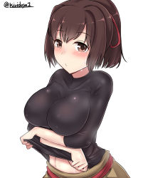 Rule 34 | 1girl, :/, absurdres, blush, breasts, brown eyes, brown hair, brown skirt, closed mouth, clothes lift, hair ribbon, highres, ise (kancolle), kantai collection, kiritto, large breasts, lifted by self, looking at viewer, ponytail, red ribbon, ribbon, shirt, shirt lift, short hair, simple background, skin tight, skirt, sleeves past elbows, solo, sweat, tareme, taut clothes, taut shirt, twitter username, undressing, upper body, white background