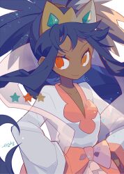 Rule 34 | 1girl, auko, big hair, bow, color guide, commentary request, creatures (company), dark-skinned female, dark skin, game freak, hands on own hips, iris (pokemon), long hair, looking at viewer, nintendo, pink bow, pokemon, pokemon bw, purple hair, red eyes, shirt, signature, simple background, smile, solo, star (symbol), tiara, upper body, waist bow, white background, white shirt