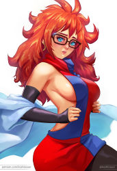 Rule 34 | 1girl, adapted costume, android 21, backless dress, backless outfit, bad id, bad pixiv id, black-framed eyewear, black pantyhose, blue eyes, breasts, brown hair, checkered clothes, checkered dress, cowboy shot, curly hair, detached sleeves, dragon ball, dragon ball fighterz, dress, earrings, glasses, glint, hoop earrings, jewelry, koshio, lab coat, large breasts, long hair, looking at viewer, messy hair, multicolored clothes, multicolored dress, off shoulder, pantyhose, sideboob, simple background, sleeveless, sleeveless dress, solo, twitter username, watermark, web address, white background