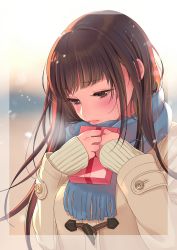 Rule 34 | 1girl, blue scarf, blunt bangs, blush, box, brown eyes, brown hair, buttons, coat, duffel coat, frown, gift, gift box, half-closed eyes, highres, holding, holding gift, lipstick, long hair, long sleeves, looking down, makeup, morikura en, original, red ribbon, ribbon, scarf, snowflakes, snowing, solo, upper body, winter clothes, winter coat