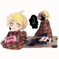 Rule 34 | 1girl, ahoge, argyle, argyle clothes, argyle sweater, bags under eyes, blonde hair, brown sweater, closed mouth, dame da89, fingernails, heart, looking at viewer, manga (object), melting, multiple views, photo (object), sarah g. lato, short hair, sleeves past wrists, smile, speech bubble, sweater, swept bangs, tears, the amazing world of gumball, translation request, turtleneck, turtleneck sweater, unmoving pattern, white background, yellow eyes