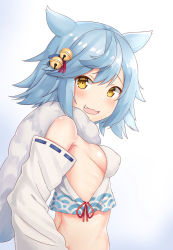 Rule 34 | :3, :d, animal ears, azur lane, back, bare shoulders, bell, blue hair, blush, breasts, covered erect nipples, crop top, detached sleeves, fang, flipped hair, from side, fubuki (azur lane), hair bell, hair between eyes, hair flaps, hair ornament, highres, jingle bell, looking to the side, medium breasts, midriff, open mouth, revealing clothes, scarf, shiny skin, short hair, sideboob, simple background, skindentation, smile, swept bangs, upper body, white scarf, wide sleeves, yellow eyes, yudaneko