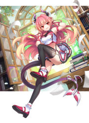 Rule 34 | 1girl, absurdres, arm up, armband, armpits, ass, bare shoulders, black thighhighs, book, book stack, breasts, copyright request, crop top, demon horns, demon tail, dutch angle, floating hair, full body, garter straps, gradient hair, hair intakes, hand up, highres, horns, knee up, kyjsogom, large breasts, long hair, looking at viewer, midriff, miniskirt, multicolored hair, open mouth, paper, pink hair, red eyes, shirt, shoes, skirt, sleeveless, sleeveless shirt, smile, solo, tail, taut clothes, taut shirt, thighhighs, thighs, very long hair, white footwear, white shirt, white skirt, wind, window