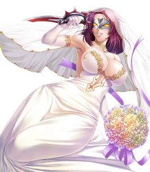 Rule 34 | 00s, 1girl, abdominal line, bare shoulders, bouquet, breasts, cleavage, dress, elbow gloves, female focus, flower, gloves, highres, holding, holding weapon, jewelry, kagami hirotaka, knife, koukawa oboro, large breasts, lilith-soft, linea alba, lipstick, looking away, makeup, mask, oboro (taimanin asagi), parted lips, purple hair, short hair, simple background, smile, solo, taimanin (series), taimanin asagi, taimanin asagi kessen arena, veil, weapon, wedding dress, white background, wide hips