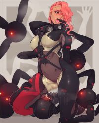 Rule 34 | 1girl, asymmetrical hair, bodysuit, breasts, cyborg, dark-skinned female, dark skin, dwarf gekko, extra arms, finger in another&#039;s mouth, highres, justrube, mechanical arms, mechanical legs, metal gear (series), metal gear rising: revengeance, mistral (metal gear rising), open mouth, pink hair, pussy juice, robot, thigh grab, tongue, tongue out