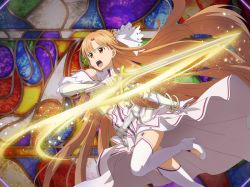 Rule 34 | 1girl, armor, armored dress, asuna (stacia), boots, bracelet, brown eyes, detached collar, dress, faulds, floating hair, game cg, garter straps, gloves, hair ornament, high heel boots, high heels, holding, holding sword, holding weapon, jewelry, light brown hair, long hair, open mouth, sleeveless, sleeveless dress, solo, stained glass, sword, sword art online, sword art online: alicization, sword art online: alicization rising steel, sword art online: unleashed blading, thigh boots, thighhighs, thighs, very long hair, weapon, white armor, white dress, white footwear, white gloves