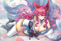 Rule 34 | 1girl, ahri (league of legends), alternate costume, alternate hair color, animal ear fluff, animal ears, bell, blue eyes, blue tail, breasts, cleavage, facial mark, fox ears, fox tail, hair bell, hair ornament, korean clothes, kyuubi, large breasts, league of legends, looking at viewer, lying, multiple tails, off shoulder, on side, petals, s-yin, solo, spirit, spirit blossom ahri, tail, vastaya, whisker markings, white legwear