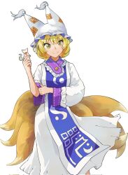 Rule 34 | 1girl, animal ears, blonde hair, closed mouth, dress, fox ears, fox tail, hair between eyes, hat, highres, long sleeves, mob cap, multiple tails, onionmay, shikigami, short hair, simple background, smile, solo, tabard, tail, touhou, unfinished dream of all living ghost, white background, white dress, white hat, yakumo ran, yellow eyes