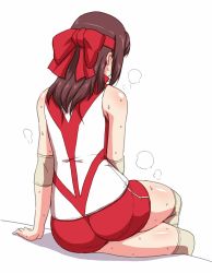 Rule 34 | 10s, 1girl, arm support, ass, back, breath, brown hair, commentary request, elbow pads, facing away, from behind, girls und panzer, headband, highres, knee pads, kondou taeko, leaning to the side, crossed legs, medium hair, muchabou, red headband, red shirt, red shorts, shirt, short shorts, shorts, sitting, sleeveless, sleeveless shirt, solo, sportswear, sweat, thighs, volleyball uniform, white background