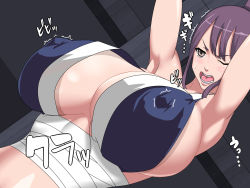 Rule 34 | 1girl, armpits, arms up, blush, bound, breasts, brown eyes, covered erect nipples, female focus, highres, huge breasts, no bra, open mouth, purple hair, solo, tetsu (suchiiru mania), tied up, wink