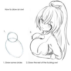 Rule 34 | 1girl, absurdres, alternate breast size, breast cutout, breasts, commentary, cropped torso, english commentary, english text, feathers, from side, gloves, grabbing own breast, greyscale, hair ornament, hairclip, head tilt, high ponytail, highres, hololive, hololive english, how to, how to draw an owl (meme), large breasts, long hair, looking at viewer, meme, monochrome, nanashi mumei, parted lips, ponytail, profanity, shirt, simple background, sleeves rolled up, solo, virtual youtuber, white background, white shirt, yenyen