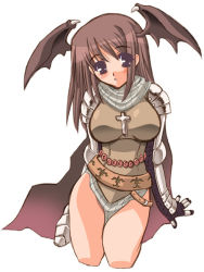 Rule 34 | 1girl, bare legs, bat wings, breasts, brown hair, cross, cross necklace, demon girl, full body, gauntlets, hakoiri nyanko, head wings, jewelry, kneeling, knight, knight (ragnarok online), large breasts, long hair, long sleeves, looking at viewer, necklace, purple eyes, ragnarok online, simple background, solo, taut clothes, white background, wings