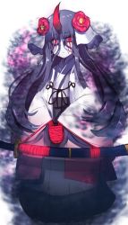 Rule 34 | 1girl, absurdres, aura, bad id, bad twitter id, black hair, black hakama, blood, bloody tears, commentary request, dark aura, flower, glowing, glowing eyes, hair flower, hair ornament, hakama, hakama skirt, highres, horns, japanese clothes, katana, kimono, long hair, long sleeves, original, pale skin, parted lips, red eyes, red flower, sheath, sheathed, single horn, skirt, solo, sword, very long hair, wada kazu, weapon, white background, white kimono, wide sleeves