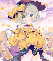 Rule 34 | 1girl, bare shoulders, black hat, bow, closed mouth, commentary request, falling petals, feet out of frame, flower, green eyes, green shirt, hat, hat bow, hat flower, heart, heart-shaped pupils, highres, koishi day, komeiji koishi, lace, lace-trimmed shirt, lace trim, light green hair, looking at viewer, off-shoulder shirt, off shoulder, petals, puffy short sleeves, puffy sleeves, rose, shirt, short hair, short sleeves, sitting, smile, solo, symbol-shaped pupils, third eye, toraneko 2, touhou, yellow bow, yellow flower, yellow rose, yellow shirt