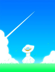 Rule 34 | 1girl, cloud, contrail, d@i, day, dress, from behind, grass, hat, original, sky, solo, sun hat, white dress, wind