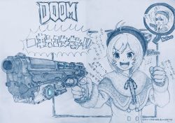 Rule 34 | .live, 1girl, animal hat, antenna hair, before and after, capelet, clenched teeth, coat, copyright name, doom (2016), doom (series), fur-trimmed capelet, fur-trimmed coat, fur-trimmed sleeves, fur trim, gun, handgun, hat, highres, holding, holding weapon, monochrome, open mouth, pistol, pom pom (clothes), shaded face, short hair, dennou shoujo siro, smile, teeth, tengu nimuru, translation request, virtual youtuber, weapon