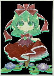 1girl absurdres bow flower front_ponytail full_body green_eyes green_hair highres hmr_rk kagiyama_hina lotus red_bow red_ribbon ribbon solo touhou