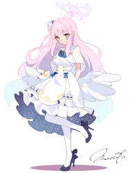 Rule 34 | 1girl, angel wings, arms behind back, black footwear, blue archive, blunt bangs, capelet, commentary request, dress, feathered wings, flower, frilled dress, frills, full body, hair bun, hair flower, hair ornament, hair scrunchie, halo, head tilt, high heels, highres, long hair, looking at viewer, meruto0924, mika (blue archive), one side up, pantyhose, pink hair, school uniform, scrunchie, sidelocks, simple background, single side bun, smile, solo, standing, standing on one leg, white background, white capelet, white dress, white pantyhose, white wings, wings, yellow eyes