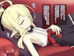Rule 34 | 1girl, ahoge, airi (ogami kazuki), armpits, bare arms, bare shoulders, black bow, black bowtie, black pantyhose, black skirt, blonde hair, blouse, bow, bowtie, closed eyes, commentary, couch, cowboy shot, fangs, flat chest, glasses, hair bow, hair bun, hair over one eye, hand on own stomach, highres, indoors, long hair, lying, ogami kazuki, on back, on couch, original, pale skin, pantyhose, pillow, pleated skirt, pointy ears, ribs, rimless eyewear, shirt, sidelocks, single hair bun, skinny, skirt, sleeping, sleeveless, sleeveless shirt, solo, translation request, upper body, vampire