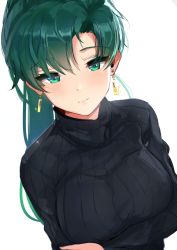 Rule 34 | 1girl, black sweater, blush, breasts, closed mouth, crossed arms, earrings, fire emblem, fire emblem: the blazing blade, green eyes, green hair, highres, jewelry, lips, long hair, long sleeves, looking at viewer, lyn (fire emblem), medium breasts, nintendo, ormille, ponytail, simple background, solo, sparkle, sweater, turtleneck, turtleneck sweater, upper body