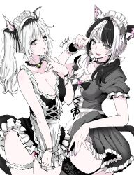 Rule 34 | 2girls, absurdres, animal ears, black hair, breasts, cat ears, cat girl, choker, cleavage, final fantasy, final fantasy xiv, freckles, garter straps, highres, lakugali shiki, large breasts, low twintails, maid, maid headdress, medium breasts, miniskirt, miqo&#039;te, multiple girls, panties, skirt, thighhighs, twintails, underwear, white hair