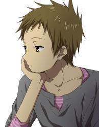 Rule 34 | 10s, 1boy, black shirt, brown hair, collarbone, fukube satoshi, hand on own chin, head rest, hyouka, long sleeves, looking afar, looking away, looking to the side, male focus, orange eyes, rito453, sad, shirt, short hair, simple background, striped, upper body, vertical stripes, white background