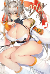 Rule 34 | 1girl, 2022, absurdres, animal ears, animal print, breasts, chinese zodiac, cleavage, commentary request, grey hair, hair between eyes, highres, inushima, jacket, large breasts, long hair, looking at viewer, nail polish, orange eyes, original, parted lips, sidelocks, skindentation, solo, thighs, tiger print, twintails, very long hair, white background, white jacket, white legwear, wide sleeves, year of the tiger
