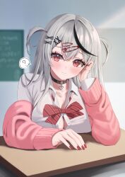 Rule 34 | 1girl, ?, absurdres, alternate costume, ara1e, black bow, black hair, blush, bow, breasts, cardigan, choker, cleavage, desk, dress shirt, grey hair, hair ornament, hairclip, heart, heart choker, highres, hololive, large breasts, looking at viewer, multicolored hair, nail polish, open clothes, open shirt, red eyes, sakamata chloe, shirt, smile, solo, spoken question mark, streaked hair, striped bow, two side up, upper body, virtual youtuber
