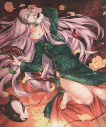 Rule 34 | 1girl, absurdres, alternate costume, arm up, bare legs, barefoot, blue eyes, china dress, chinese clothes, dress, dutch angle, feet, floral print, flower, fox mask, green dress, hand fan, hata no kokoro, highres, long hair, long sleeves, looking at viewer, lying, mask, monety, noh mask, on back, oni mask, open mouth, petals, pink hair, scan, scan artifacts, solo, string, toes, touhou