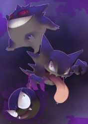 Rule 34 | black eyes, commentary, creature, creatures (company), english commentary, evil grin, evil smile, evolutionary line, fangs, floating, full body, game freak, gastly, gen 1 pokemon, gengar, ghost, grin, haunter, looking at viewer, nintendo, no humans, pinkgermy, pokemon, pokemon (creature), purple background, red eyes, simple background, smile, tongue, tongue out