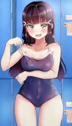 Rule 34 | 10s, 1girl, adjusting clothes, adjusting swimsuit, bad id, bad pixiv id, black hair, blue one-piece swimsuit, blurry, blurry background, blush, breast hold, breasts, clenched hands, collarbone, commentary request, competition school swimsuit, covered navel, cowboy shot, gluteal fold, green eyes, hair ornament, hairclip, highres, indoors, kurosawa dia, locker, long hair, looking at viewer, love live!, love live! sunshine!!, medium breasts, mia (fai1510), one-piece swimsuit, open mouth, purple hair, school swimsuit, solo, standing, swimsuit, tears, thigh gap