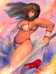 Rule 34 | 1girl, bikini, breasts, brown hair, cleavage, golden axe, highres, large breasts, legs, long hair, looking at viewer, navel, sega, solo, swimsuit, sword, thick thighs, thighs, toned, tyris flare, weapon, white bikini