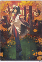 Rule 34 | 00s, 1girl, aikura chihiro, black hair, blue eyes, female focus, forest, full body, hairband, highres, japanese clothes, kimono, leaf, long hair, maple leaf, nature, non-web source, outdoors, outstretched arm, outstretched hand, solo, tohno akiha, tree, tsukihime, type-moon, water
