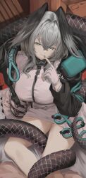 Rule 34 | 1girl, arknights, black feathers, black scales, commentary, english commentary, feathers, finger to mouth, fingerless gloves, gloves, green eyes, grey hair, half-closed eyes, highres, ho&#039;olheyak (arknights), legs, looking at viewer, nev (nevblindarts), shirt, sitting, snake tail, tail, tail around own leg, thighs, white gloves, white shirt, wings