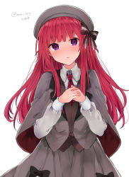Rule 34 | 1girl, bad id, bad pixiv id, beret, black bow, blush, bow, brown vest, capelet, collared shirt, grey capelet, grey hat, grey skirt, hair bow, hat, ikeuchi tanuma, long hair, long sleeves, looking at viewer, necktie, nose blush, original, own hands together, parted lips, plaid necktie, plaid neckwear, purple eyes, red hair, red necktie, shirt, simple background, skirt, solo, striped, striped bow, twitter username, very long hair, vest, white background, white shirt