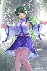 Rule 34 | 1girl, :d, absurdres, bare shoulders, blue eyes, blue skirt, blush, breasts, collared shirt, commentary, detached sleeves, feet out of frame, floating hair, frilled skirt, frills, frog hair ornament, green hair, hair between eyes, hair ornament, hands up, highres, kiritanpo117, kochiya sanae, long hair, long sleeves, looking at viewer, medium breasts, navel, nontraditional miko, open mouth, outdoors, photo background, shirt, skirt, sleeveless, sleeveless shirt, smile, snake hair ornament, solo, standing, touhou, twitter username, white shirt, white sleeves, wide sleeves