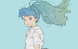 Rule 34 | 1girl, aqua hair, blue background, blue eyes, blue hair, closed mouth, collared shirt, commentary request, expressionless, floating hair, gradient hair, highres, long hair, looking at viewer, multicolored hair, no pupils, original, ponytail, shiki haru, shirt, short sleeves, simple background, solo, upper body, white shirt