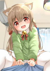 Rule 34 | 1girl, :d, animal ear fluff, animal ears, bell, blurry, blurry background, blush, brown hair, cat ears, commentary request, curtains, depth of field, fang, feet out of frame, green jacket, hair between eyes, head tilt, highres, indoors, jacket, jingle bell, long hair, long sleeves, looking at viewer, low twintails, neck ribbon, open mouth, original, pleated skirt, red eyes, red ribbon, ribbon, sitting, skirt, smile, solo, sora (silent square), thighhighs, thighs, transparent, twintails, very long hair, white skirt, white thighhighs