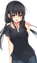 Rule 34 | 1girl, black hair, black shirt, blush, breasts, collarbone, denim, dutch angle, green eyes, hair between eyes, highres, jeans, large breasts, low twintails, mizushina minato, open mouth, original, pants, shirt, short sleeves, simple background, solo, twintails, white background