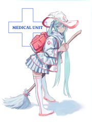 Rule 34 | 1girl, aqua eyes, aqua hair, backpack, bag, bandaid, bandaid on face, boots, broom, chromatic aberration, closed mouth, commentary, cross, english commentary, english text, full body, greek cross, hair between eyes, hands up, hat, hatsune miku, highres, holding, holding broom, jacket, leaning forward, long hair, long sleeves, looking at viewer, looking to the side, pink bag, scarf, shadow, skirt, solo, standing, thigh boots, thighhighs, transparent headwear, twintails, vertigris, very long hair, vocaloid, white background, white footwear, white jacket, white scarf, white skirt, white thighhighs, witch, witch hat