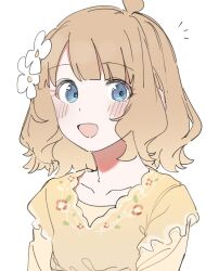 Rule 34 | 1girl, ahoge, blue hair, blunt bangs, blush, brown hair, collarbone, commentary, floral print, floral print shirt, flower, frilled shirt, frills, hair flower, hair ornament, highres, idolmaster, idolmaster million live!, long sleeves, looking at viewer, meeeeeeco359, open mouth, parted bangs, shirt, short hair, simple background, smile, solo, suou momoko, symbol-only commentary, upper body, white background, white flower, yellow shirt