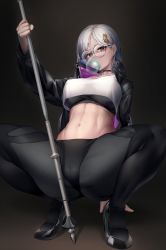 Rule 34 | 1girl, abs, absurdres, arm support, black choker, black footwear, black jacket, black pants, black shirt, breasts, blowing bubbles, cameltoe, chewing gum, choker, commission, covered erect nipples, crop top, crop top overhang, glasses, hair ornament, hairclip, high heels, highres, holding, holding weapon, jacket, large breasts, long hair, long sleeves, looking at viewer, mace, midriff, navel, nine (kanine41), open clothes, open jacket, original, pants, red eyes, round eyewear, second-party source, shirt, solo, squatting, stomach, undershirt, weapon, white hair, white shirt