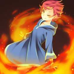 Rule 34 | 1girl, breasts, brown eyes, closed mouth, dress, fire, highres, hood, hoodie, kumatora, looking at viewer, magic, mother (game), mother 3, nintendo, one eye closed, overalls, pink hair, shifumame, short hair, simple background, smile, solo, spiked hair