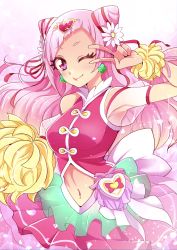 Rule 34 | absurdres, armpits, blouse, breasts, clover earrings, cone hair bun, cowboy shot, cure yell, gradient background, hair bun, hair ornament, heart, heart hair ornament, heart pouch, highres, hugtto! precure, looking at viewer, medium breasts, mitsuki tayura, nono hana, one eye closed, pink background, pink shirt, pink skirt, pom pom (cheerleading), precure, puffy short sleeves, puffy sleeves, see-through, shirt, short sleeves, skirt, solo, thick eyelashes, v