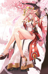 Rule 34 | 1girl, animal ears, ankle bell, bare legs, bare shoulders, blush, breasts, cherry blossoms, commentary, crossed legs, detached sleeves, earrings, english commentary, artistic error, falling petals, floppy ears, fox ears, full body, genshin impact, hair between eyes, hair flaps, hair ornament, hands up, hanh chu, high heels, highres, holding, japanese clothes, jewelry, large breasts, legs, long hair, low ponytail, open mouth, petals, pink hair, purple eyes, shirt, sideboob, sidelocks, sitting, sleeveless, sleeveless shirt, smile, solo, tassel, toes, tree, turtleneck, very long hair, wide sleeves, wrong foot, yae miko