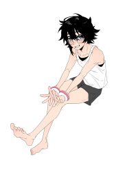 Rule 34 | 1girl, alternate costume, bare legs, barefoot, black hair, black shorts, blush, collarbone, foot up, glasses, grin, hair between eyes, highres, invisible chair, jiguang haibao, leaning forward, looking at viewer, momijiyama teru, outstretched arms, shorts, shy (series), sitting, smile, solo, tank top, teeth, white tank top, wrist cuffs