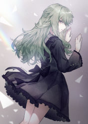 Rule 34 | 1girl, 25-ji nightcord de. (project sekai), absurdres, against wall, back bow, black bow, black dress, bow, commentary request, dogdogwanwan, dress, frilled dress, frilled sleeves, frills, green hair, grey background, half-closed eyes, highres, kusanagi nene, long hair, long sleeves, looking at viewer, looking back, project sekai, purple eyes, sidelocks, solo
