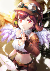 Rule 34 | 1girl, breasts, cleavage, feathers, fingerless gloves, gloves, goggles, helmet, highres, miniskirt, original, pouch, rain yoo, red eyes, red hair, ribbed sweater, short hair, single sleeve, skirt, smile, solo, sweater, turtleneck, wings, zzoggomini
