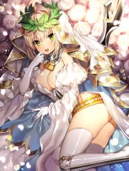 Rule 34 | 10s, 1girl, ahoge, arm support, bad id, bad pixiv id, bare shoulders, belt, blonde hair, breasts, bridal veil, chain, cleavage, collar, commentary request, detached collar, detached sleeves, eyebrows, fate/extra, fate/extra ccc, fate (series), flower, gambe, gloves, green eyes, hair intakes, hand on own face, hand to own mouth, head wreath, highres, juliet sleeves, leg belt, leotard, lock, long sleeves, looking at viewer, lying, medium breasts, nero claudius (bride) (fate), nero claudius (bride) (third ascension) (fate), nero claudius (fate), nero claudius (fate) (all), on floor, on side, open mouth, padlock, padlocked collar, plant, puffy sleeves, rose, short hair, sidelocks, signature, smile, strapless, strapless leotard, teeth, thighhighs, veil, white flower, white gloves, white leotard, white rose, white thighhighs, wide sleeves, zipper